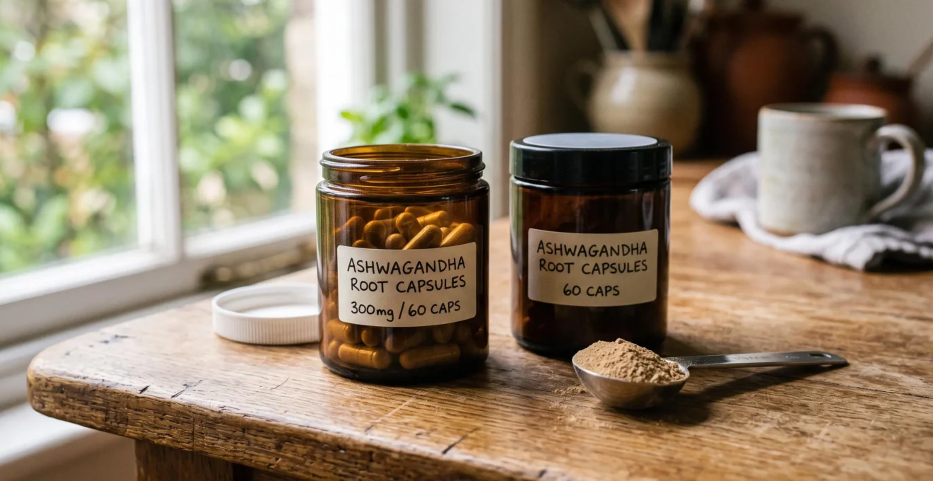 Deux pots de compléments d'ashwagandha posés sur une table de cuisine.