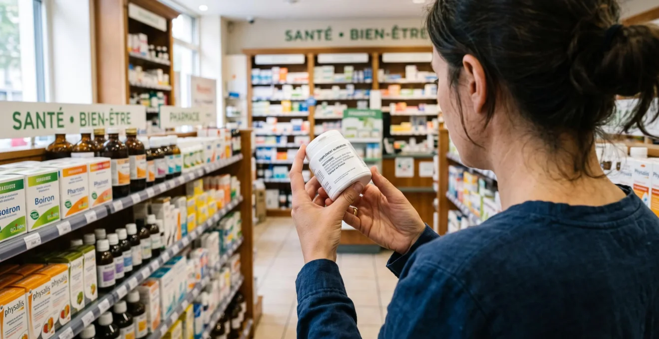 Une femme lit l'étiquette d'un pot de complément alimentaire en pharmacie.