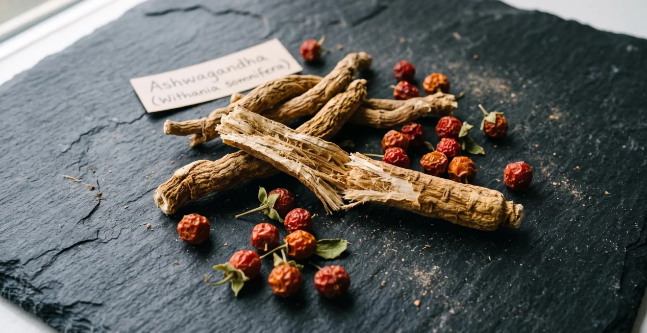 Racines séchées et baies d'ashwagandha posées sur une ardoise sombre.