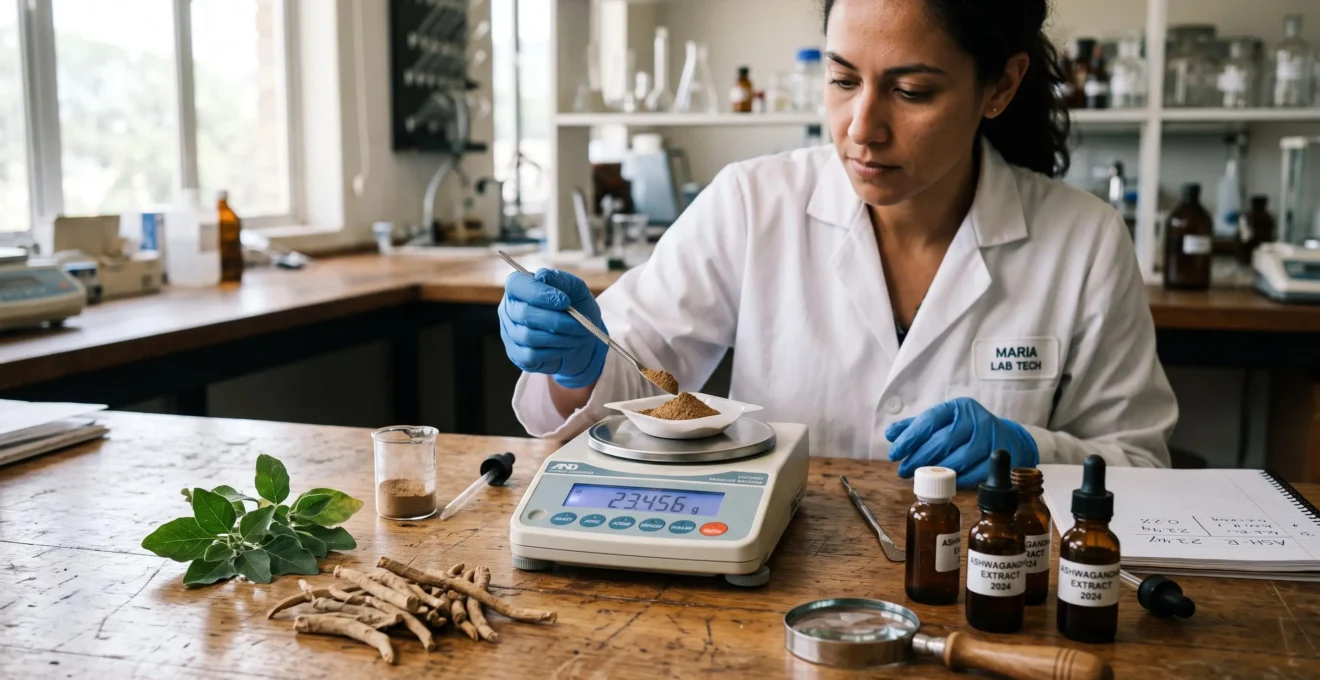 Un technicien pèse de la poudre de racine d'ashwagandha avec une balance de précision.