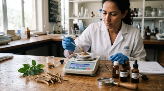 Un technicien pèse de la poudre de racine d'ashwagandha avec une balance de précision.